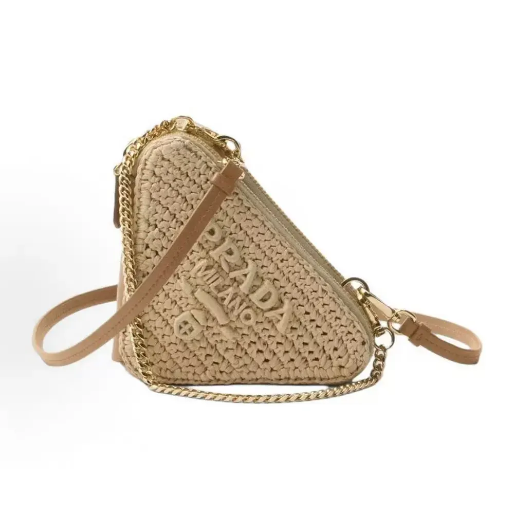 Front view of Prada Women Crochet Eather Mini Pouch Bag-Natural