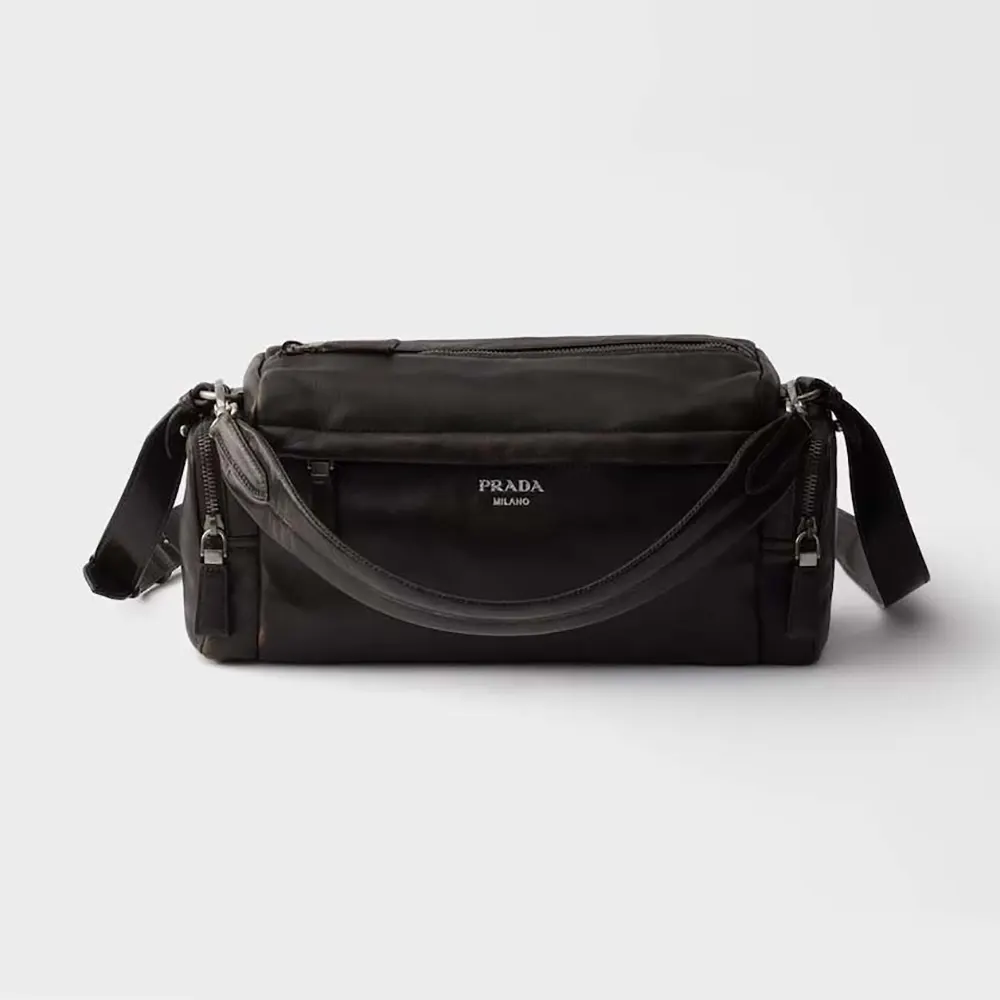 Front view of Prada Women Distressed Nappa Leather Shoulder Bag in black