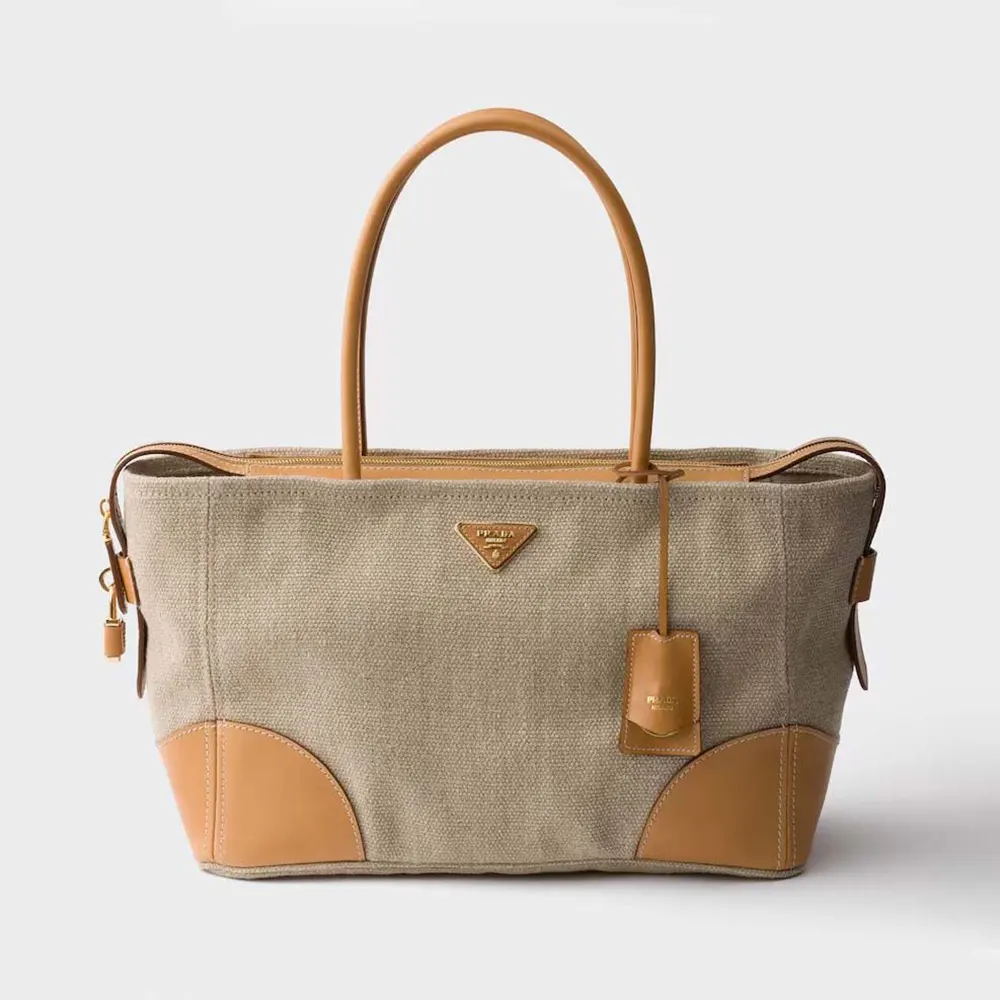Front view of Prada Women Large Linen And Leather Tote Bag-Rope Natural