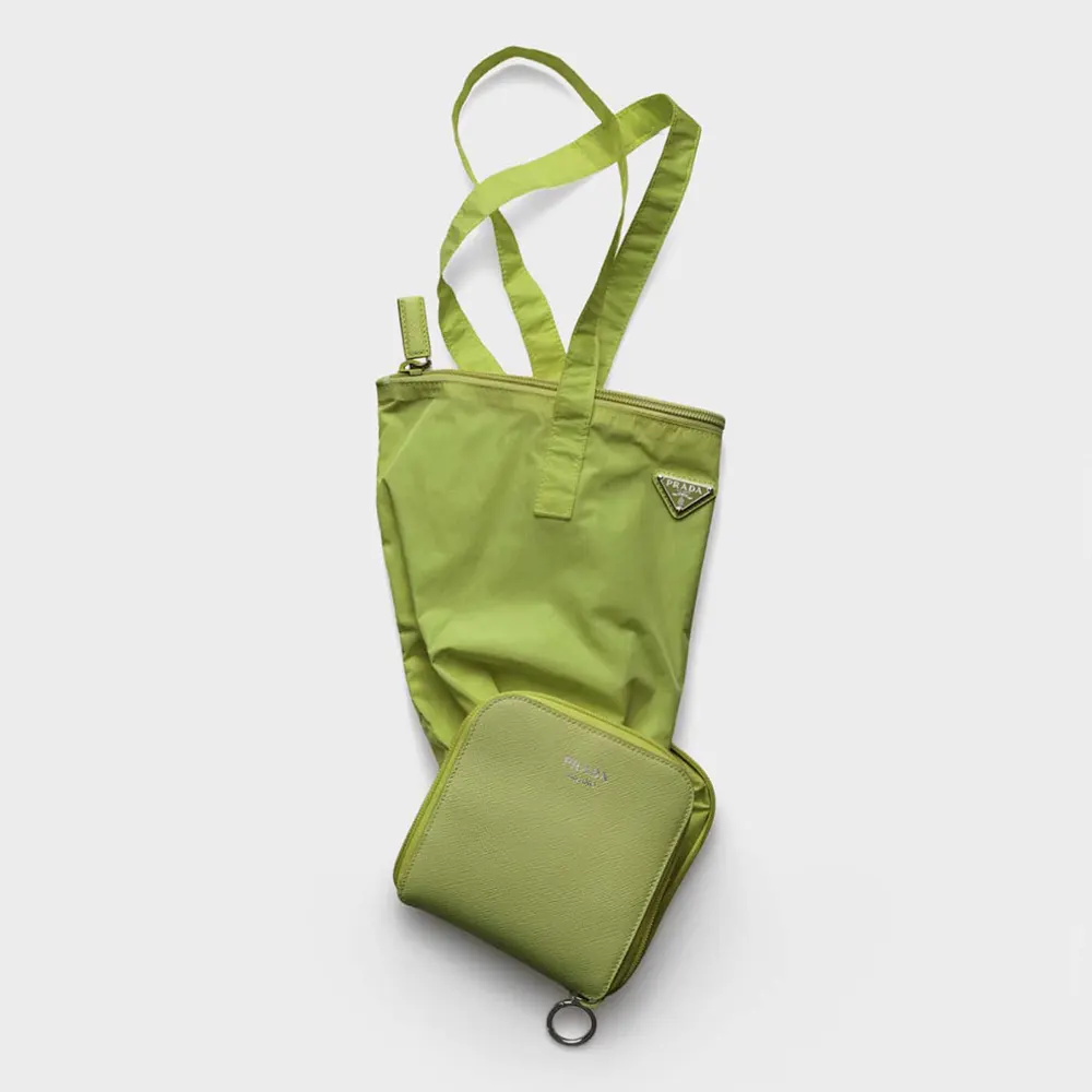 Front angle of Prada Women Saffiano Leather Pendant With Re-Nylon Tote Bag-Green