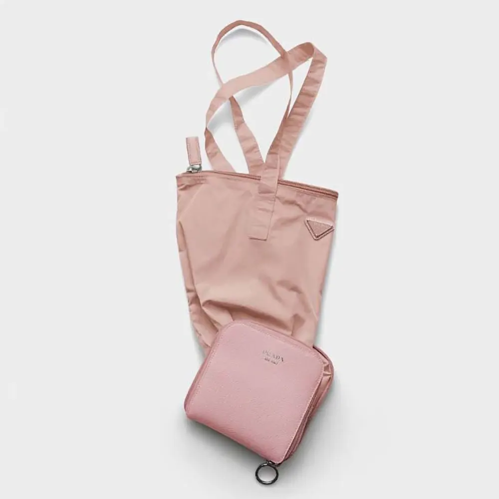 Front view of Prada Women Saffiano Leather Pendant With Re-Nylon Tote Bag-Peach