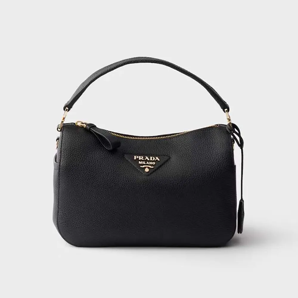 Front view of Prada Women Small Leather Bag-Black with gold logo