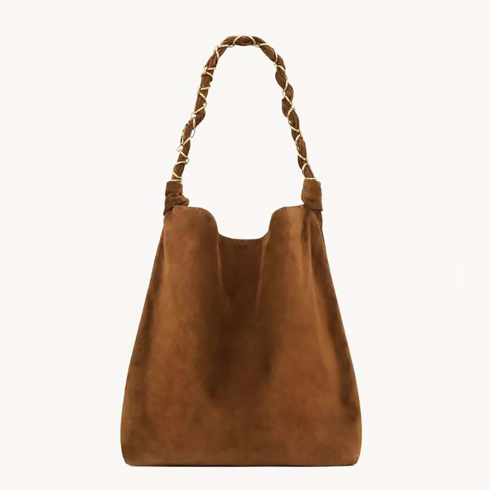 Front view of Saint Laurent YSL Women Amalia In Suede-Brown shoulder bag