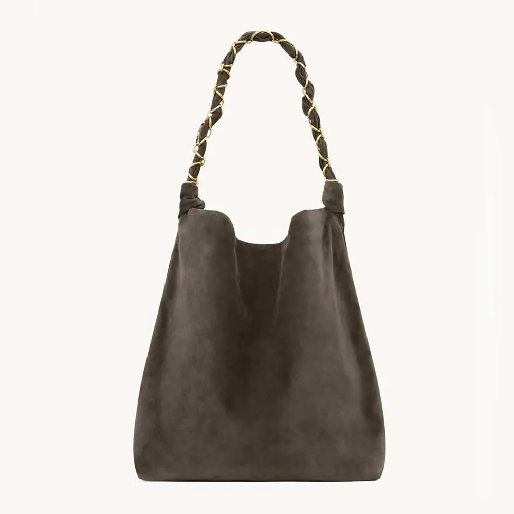 Front view of Saint Laurent YSL Women Amalia In Suede-Gray shoulder bag