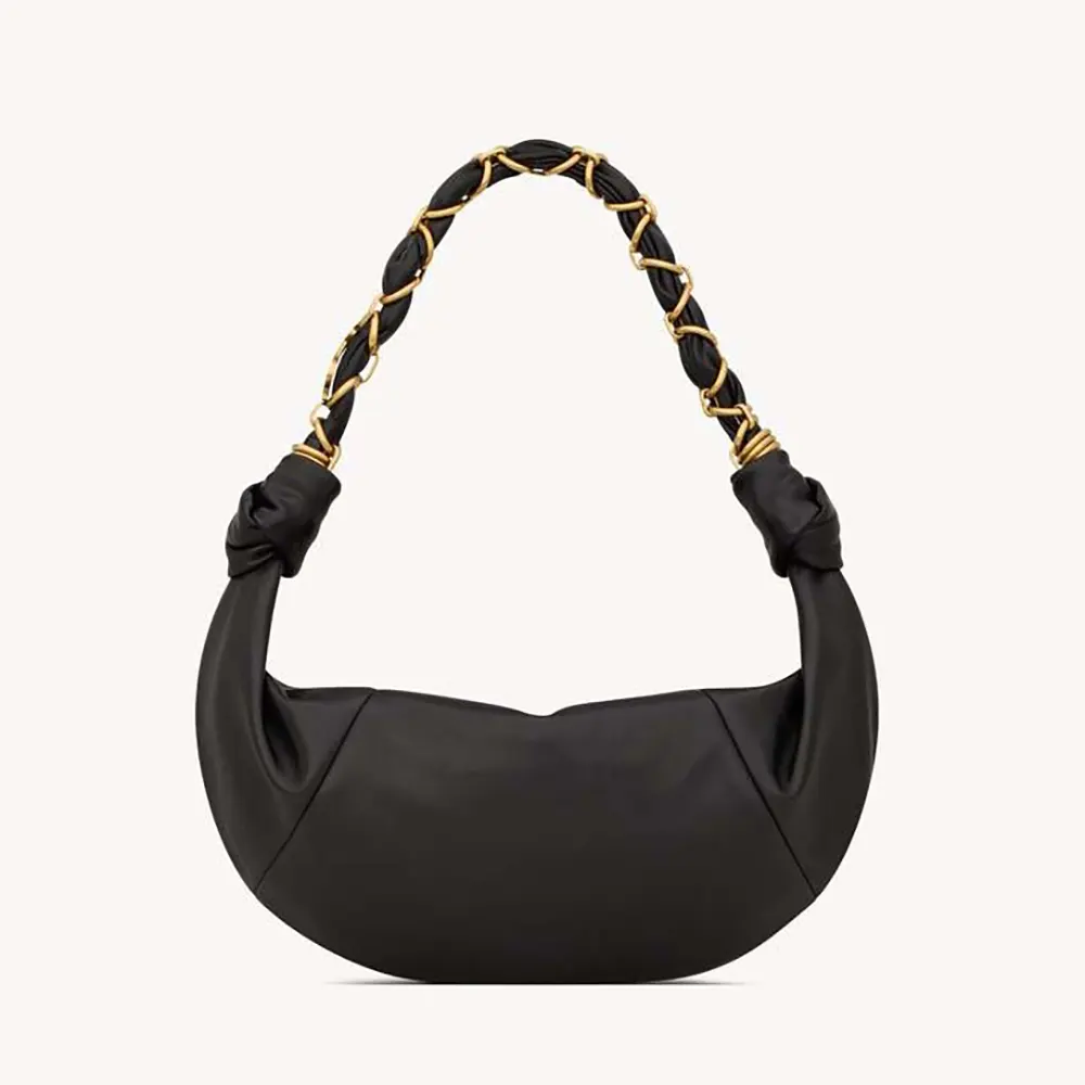 Front view of Saint Laurent YSL Women Amalia Small Hobo In Lambskin-Black bag