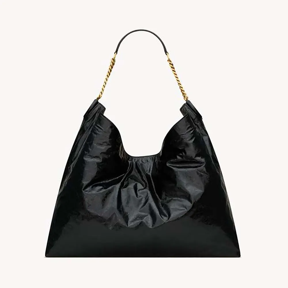 Front view of Saint Laurent YSL Women Hortense Hobo in shiny black leather