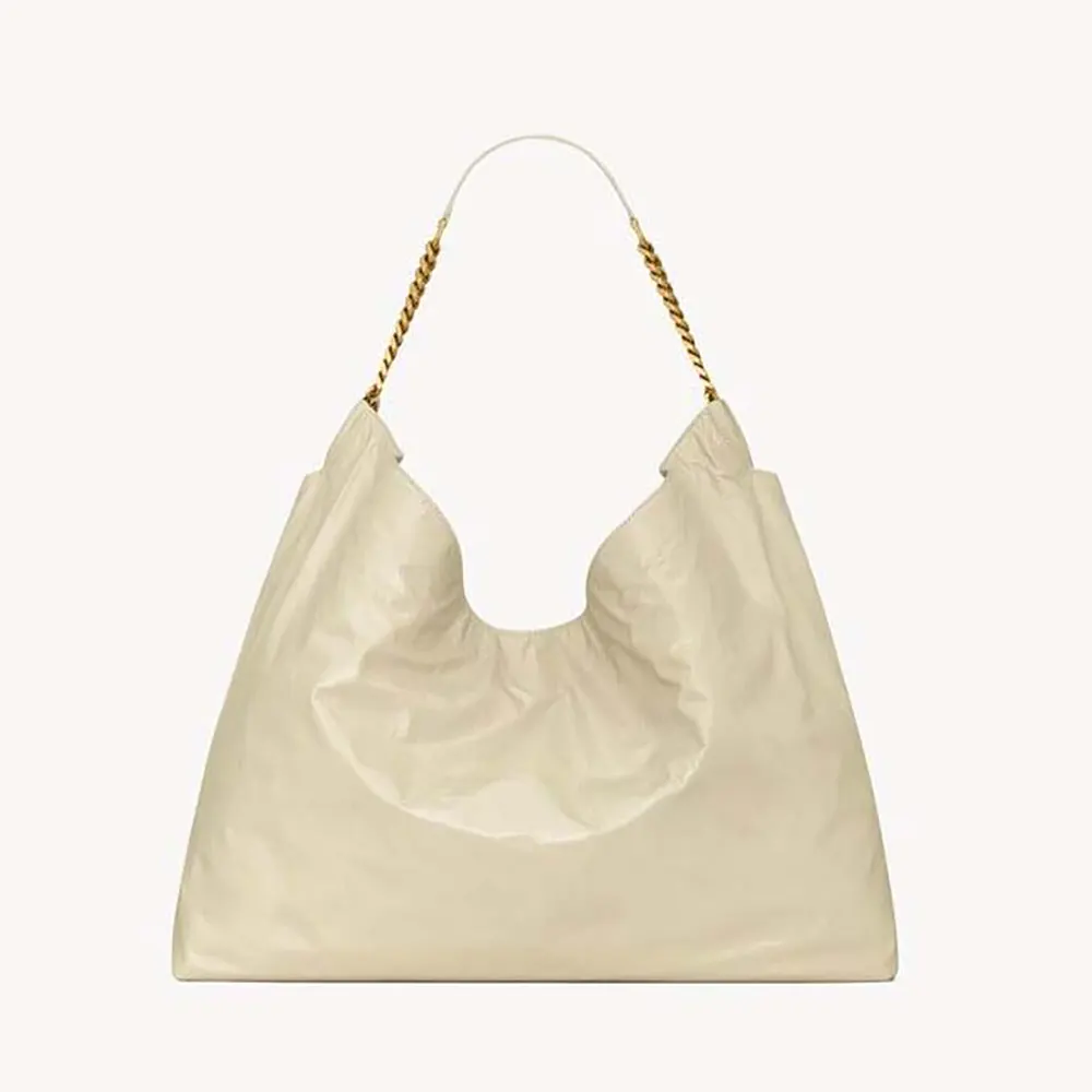 Front view of Saint Laurent YSL Women Hortense Hobo In Shiny Leather White
