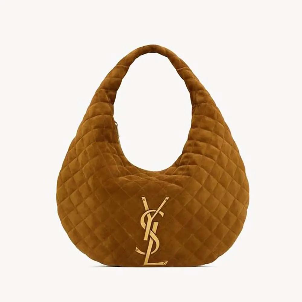 Front view of Saint Laurent YSL Women Icare Hobo In Quilted Suede Brown