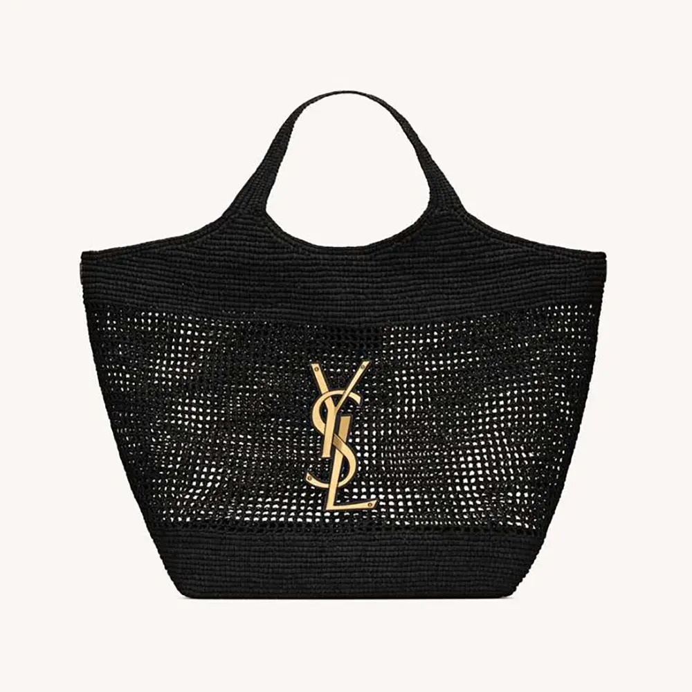 Front view of Saint Laurent YSL Women Icare In Raffia Black bag