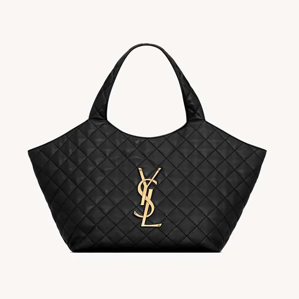 Front view of Saint Laurent YSL Women Icare Medium In Quilted Nappa Black