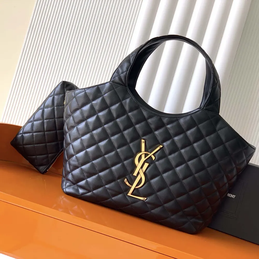 Close-up of quilted nappa leather and gold YSL hardware detail