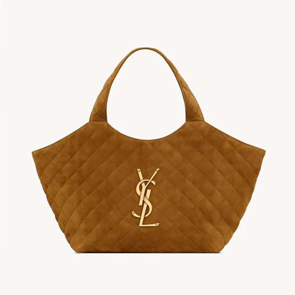 Front angle of Saint Laurent YSL Women Icare Medium In Quilted Suede-Brown bag
