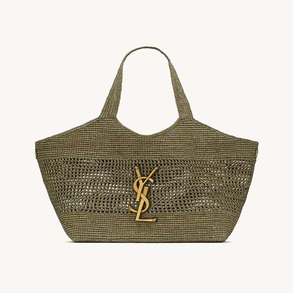 Front view of Saint Laurent YSL Women Icare Medium In Raffia Dark Green shoulder bag