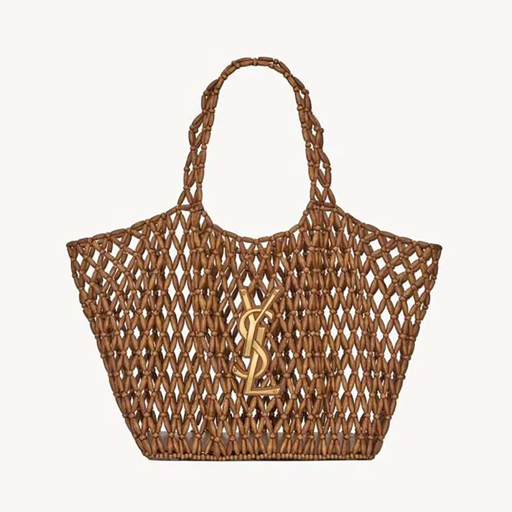 Front view of Saint Laurent YSL Women Icare Medium In Wood Beads Dark Brown