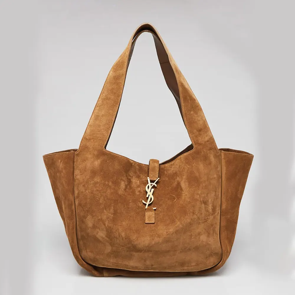 Side angle showcasing brown suede texture of Saint Laurent YSL Women Le 5 à 7 Bea