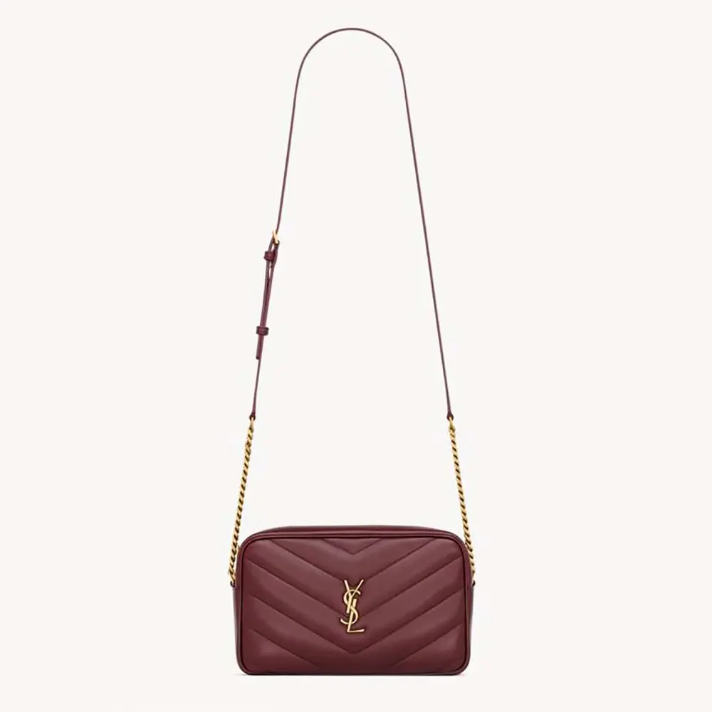 Front angle of Saint Laurent YSL Women Loulou Camera Bag In Matelassé Lambskin-Rouge Cabernet
