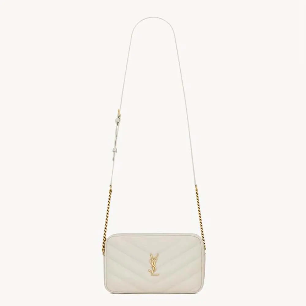 Front view of Saint Laurent YSL Women Loulou Camera Bag In Matelassé Lambskin-White