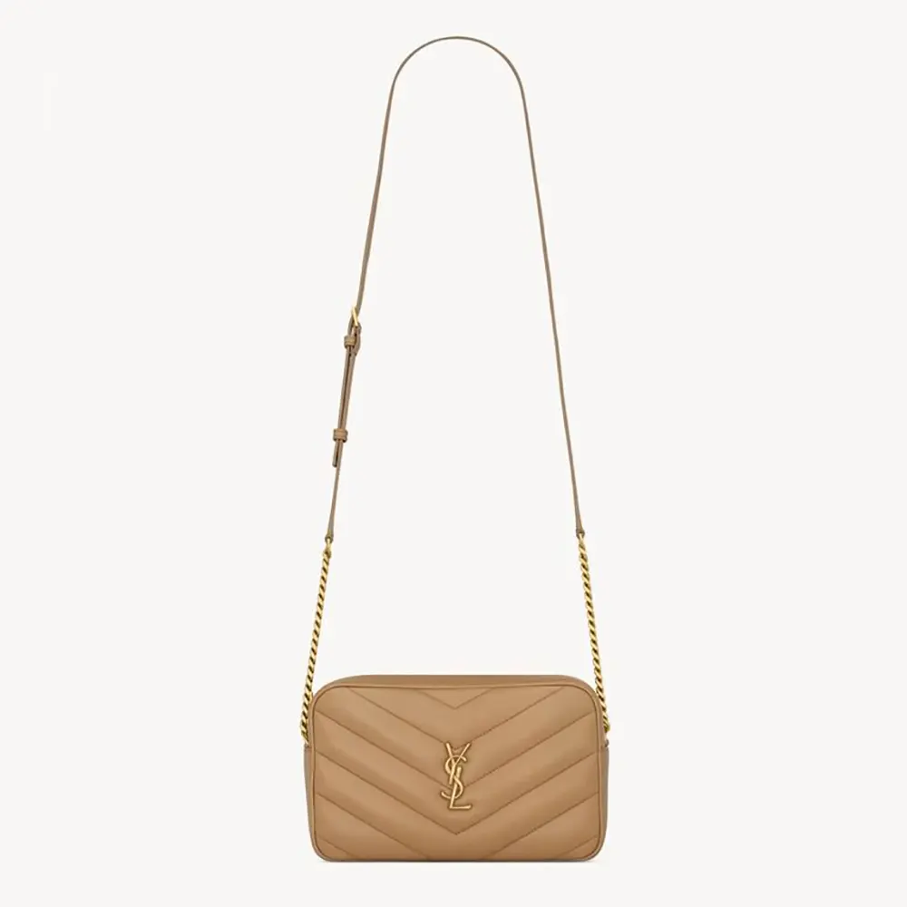 Front view of Saint Laurent YSL Women Loulou Camera Bag in Natural Tan