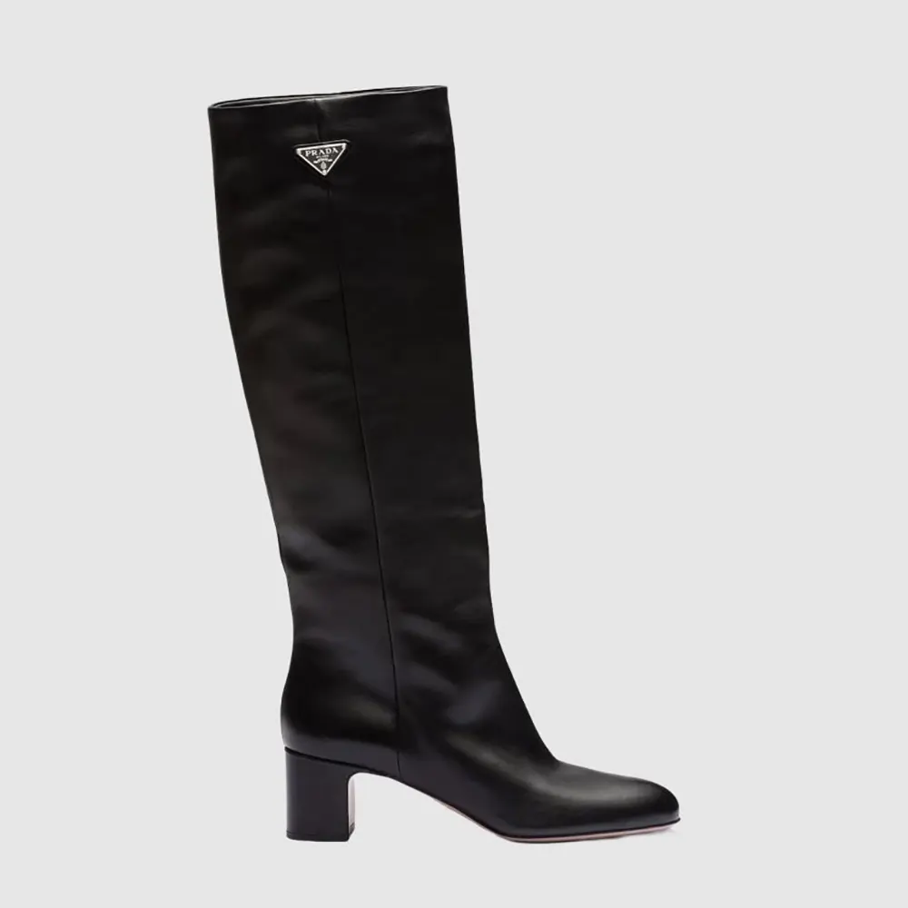 Side view of Prada Women Brushed Leather Boots in 55mm Heel Black