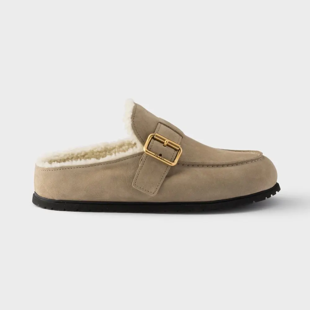 Side view of Prada Women Suede Mules Desert Beige showing silhouette