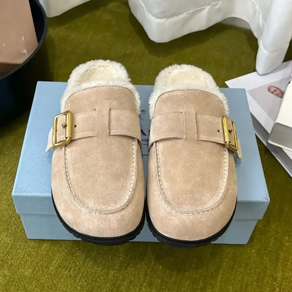 Top view of Prada Women Suede Mules Desert Beige highlighting slip-on style