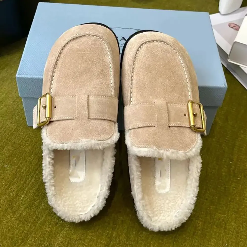Close-up of desert beige suede texture on Prada Women Suede Mules