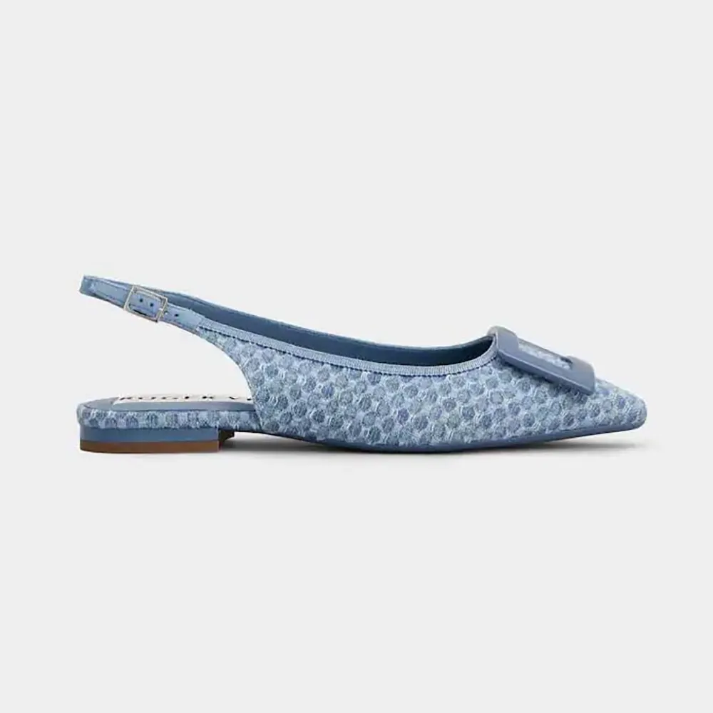 Side view of Roger Vivier Women Gommettine Slingback Ballerinas In Jacquard Denim