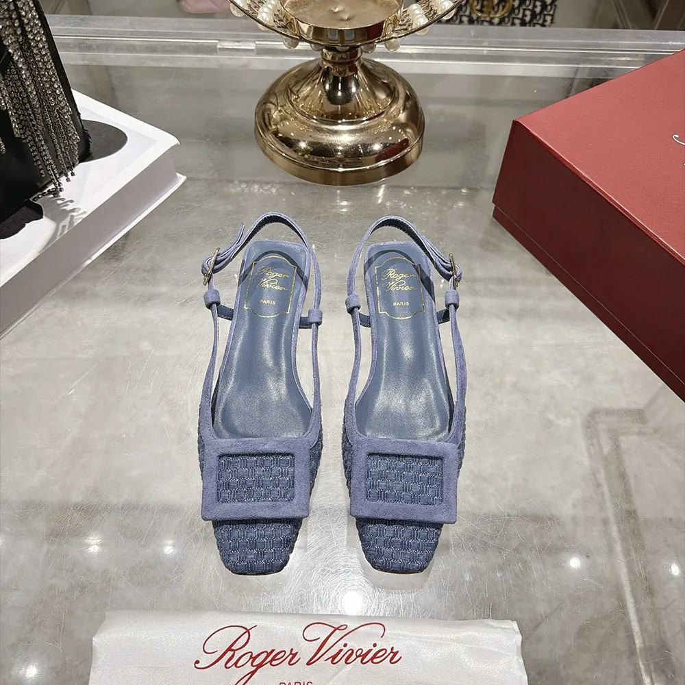 Top angle showing jacquard denim texture on Roger Vivier Gommettine Ballerinas