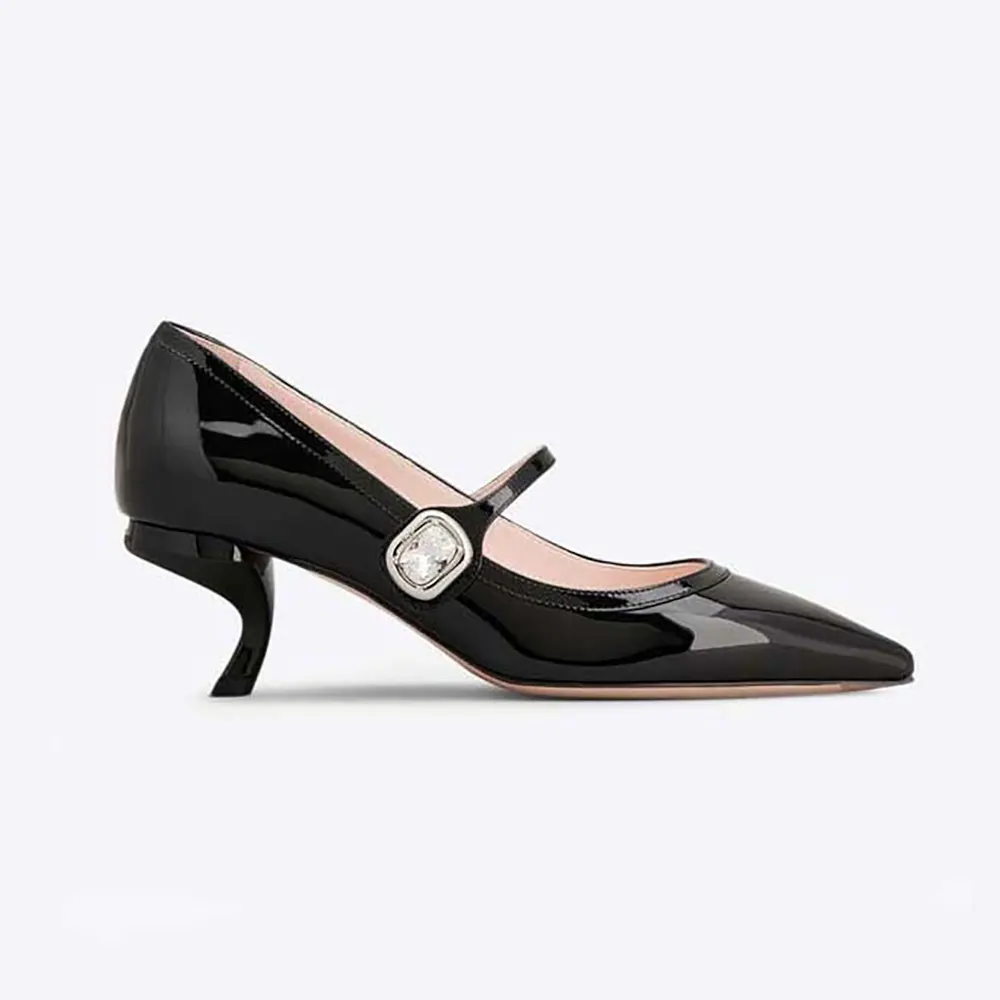 Side view of Roger Vivier Women Mary Jane Virgule 55 Mules in Patent Leather-Black