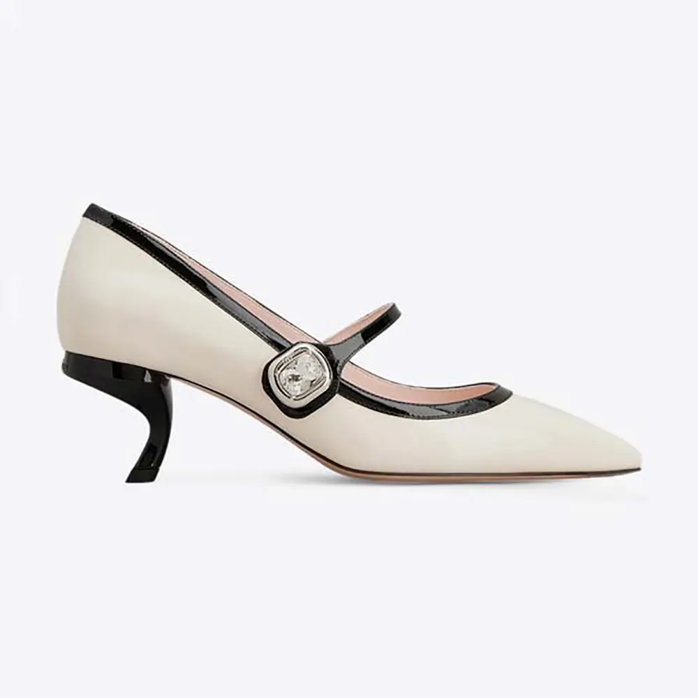 Side view of Roger Vivier Women Mary Jane Virgule 55 Mules in Patent Leather-White