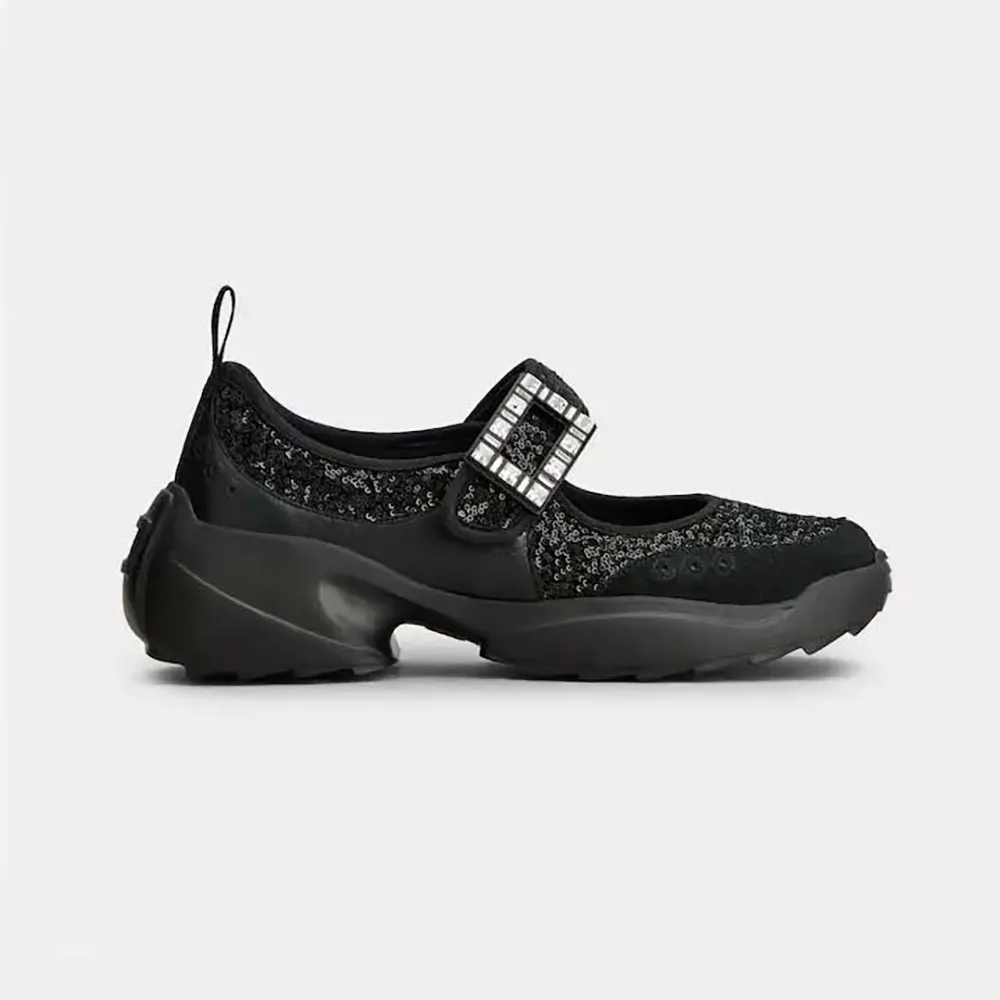 Side view of Roger Vivier Women Viv’ On The Run Mary Janes With Sequins Black