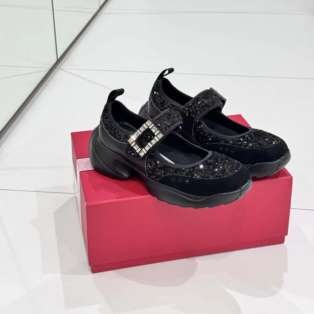 Close-up of sequin detailing on Roger Vivier Viv’ On The Run Mary Janes