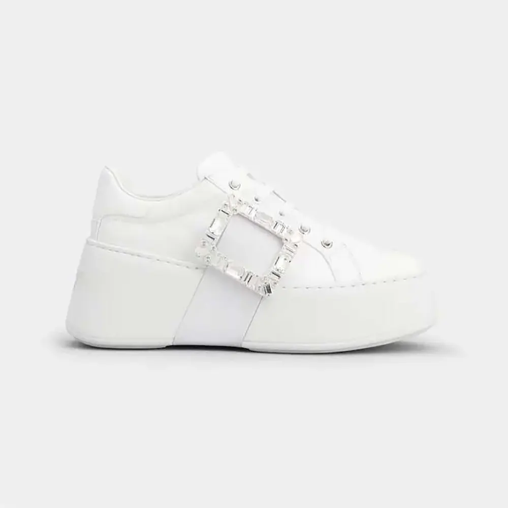 Side angle of Roger Vivier Women Viv Skate Sneakers in white calfskin