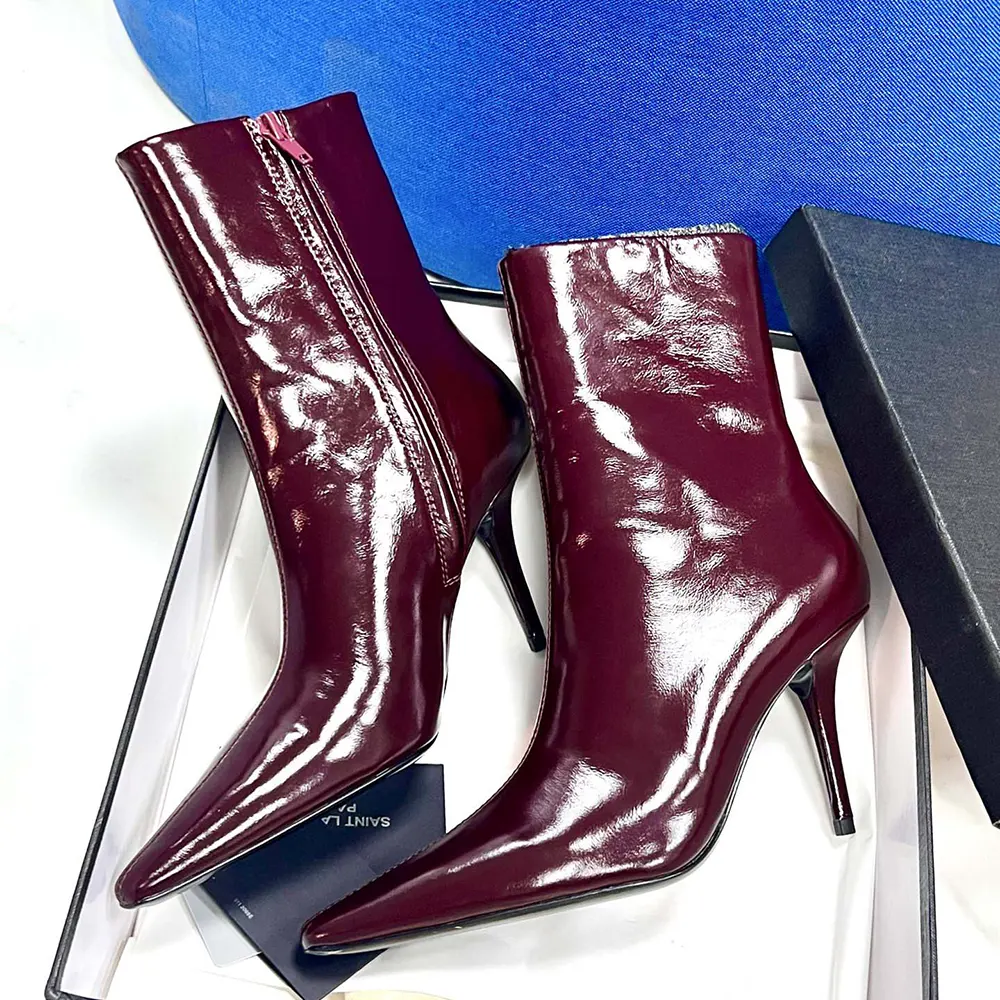 Top view showing pointed toe of Saint Laurent YSL Women Ashley Booties Bordeaux
