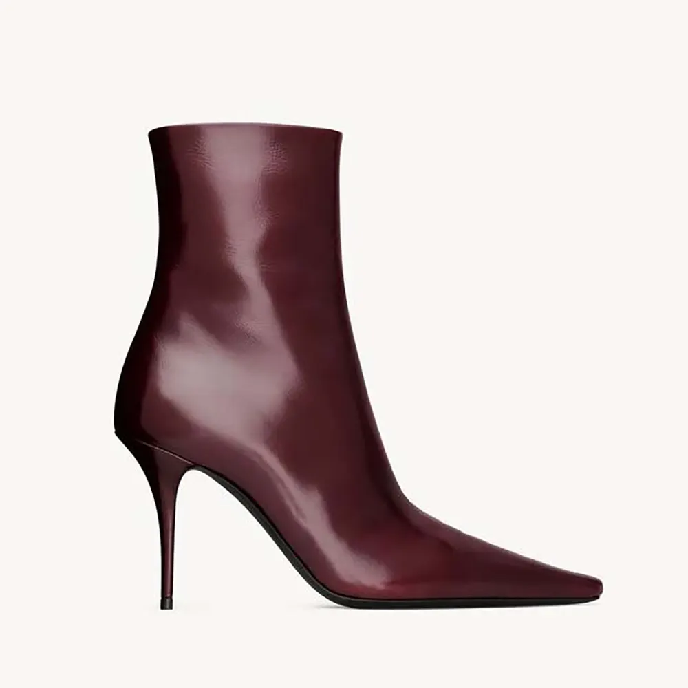 Side profile of Saint Laurent YSL Women Ashley Booties In Smooth Leather Bordeaux