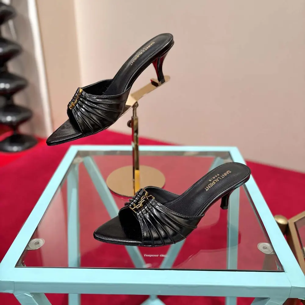 Top view showing silhouette of Saint Laurent YSL Women Babylone Mules Black