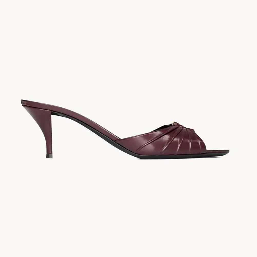 Side view of Saint Laurent YSL Women Babylone Mules In Smooth Leather Bordeaux