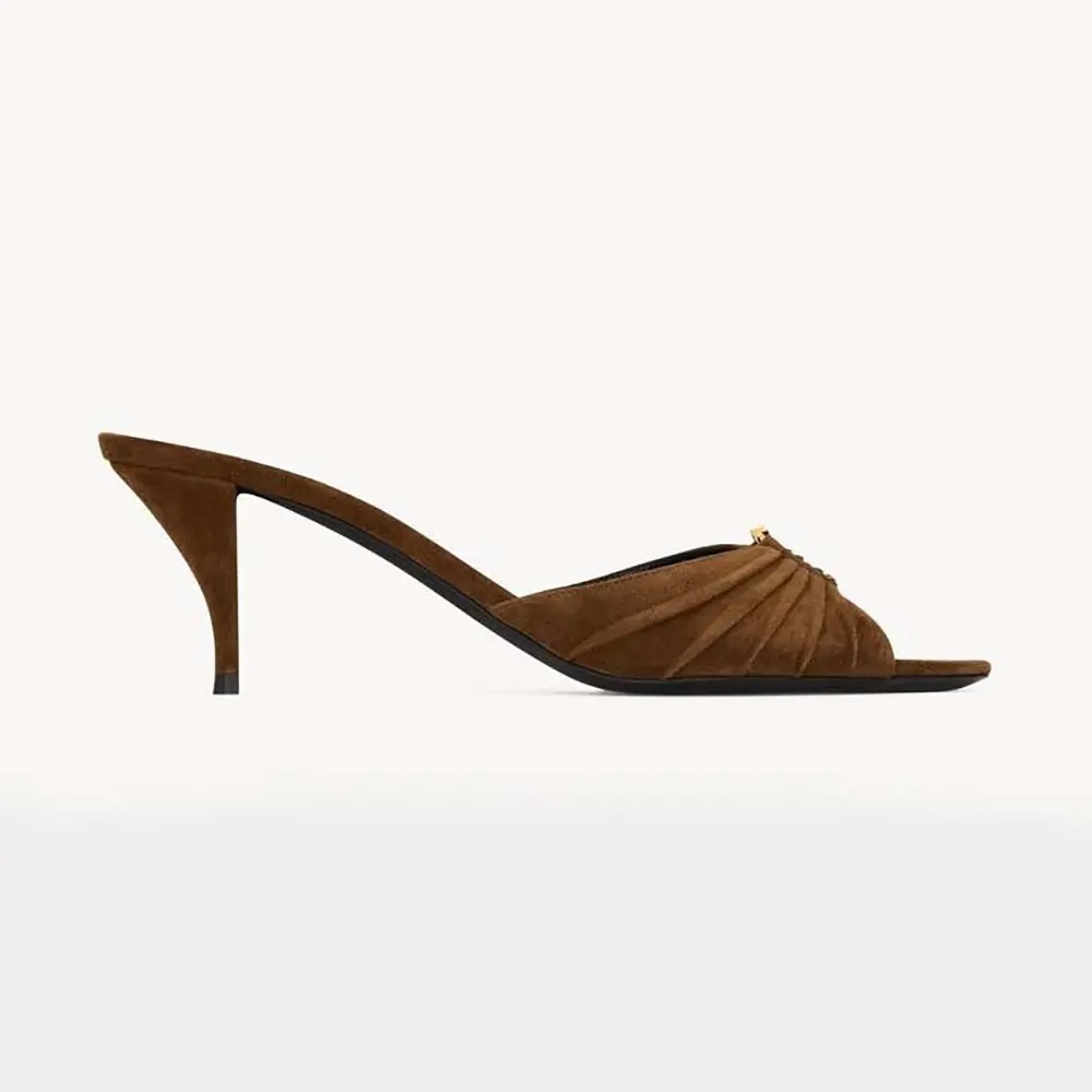 Side angle of Saint Laurent YSL Women Babylone Mules In Suede Dark Brown