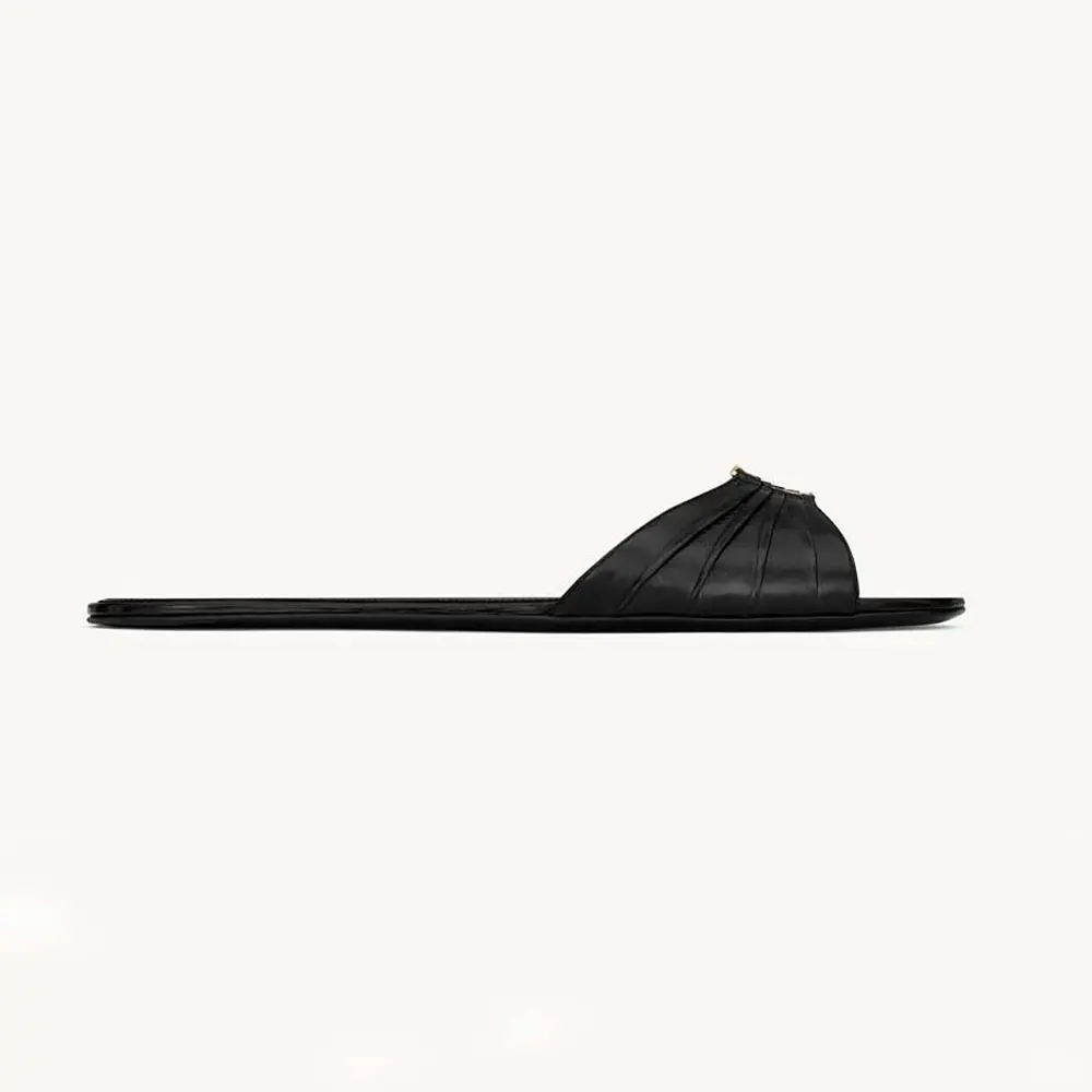 Side angle of Saint Laurent YSL Women Babylone Slides in black leather