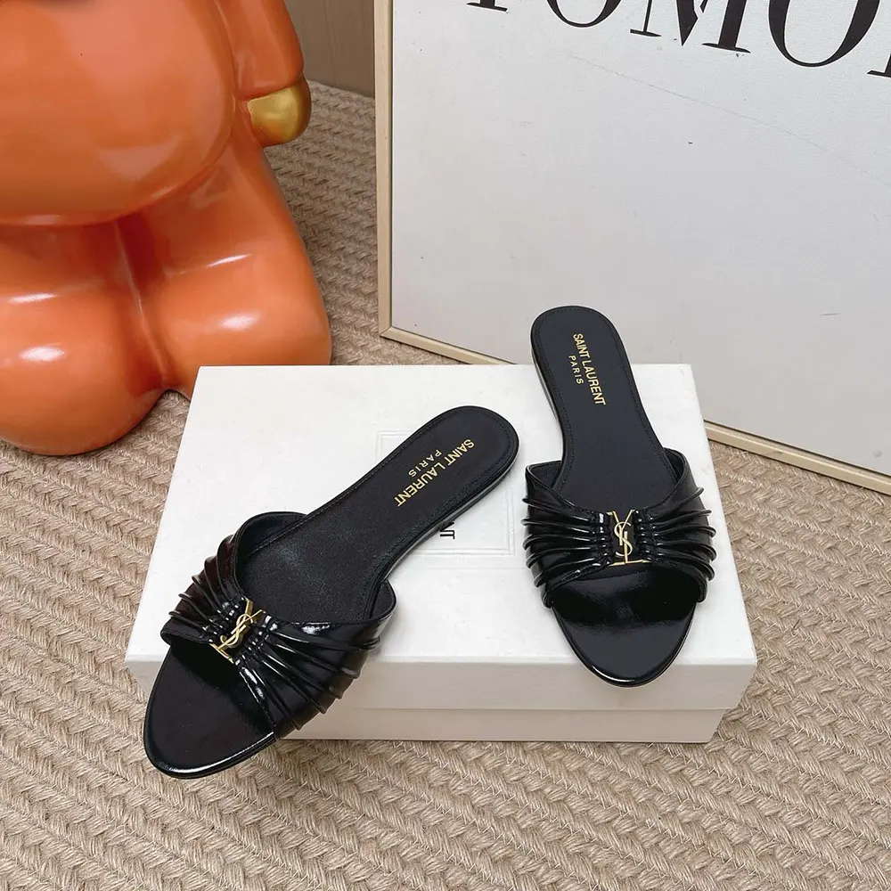 Top view of smooth leather Saint Laurent YSL Babylone Slides