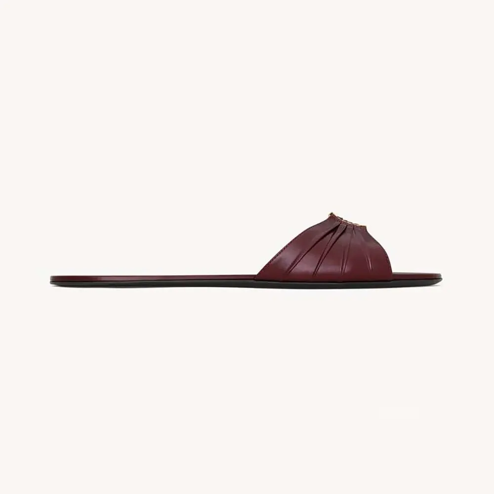 Side angle of Saint Laurent YSL Women Babylone Slides In Smooth Leather Bordeaux