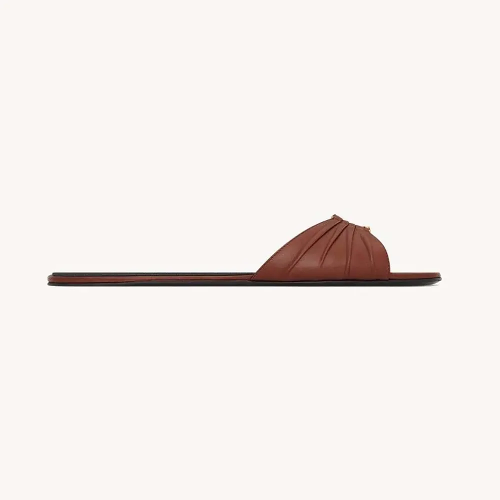 Side view of Saint Laurent YSL Women Babylone Slides In Smooth Leather Brown