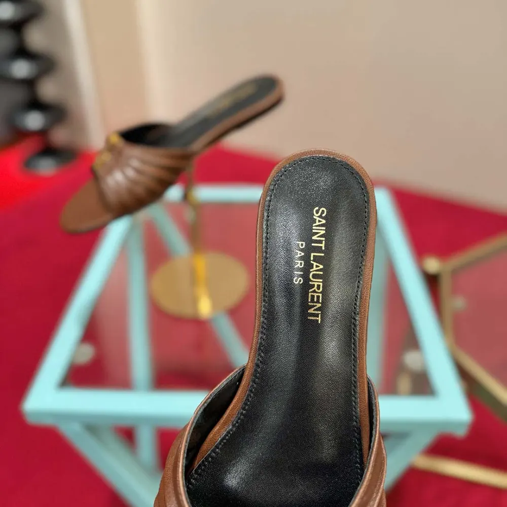 Saint Laurent YSL Women Babylone Slides In Smooth Leather Brown - image 10