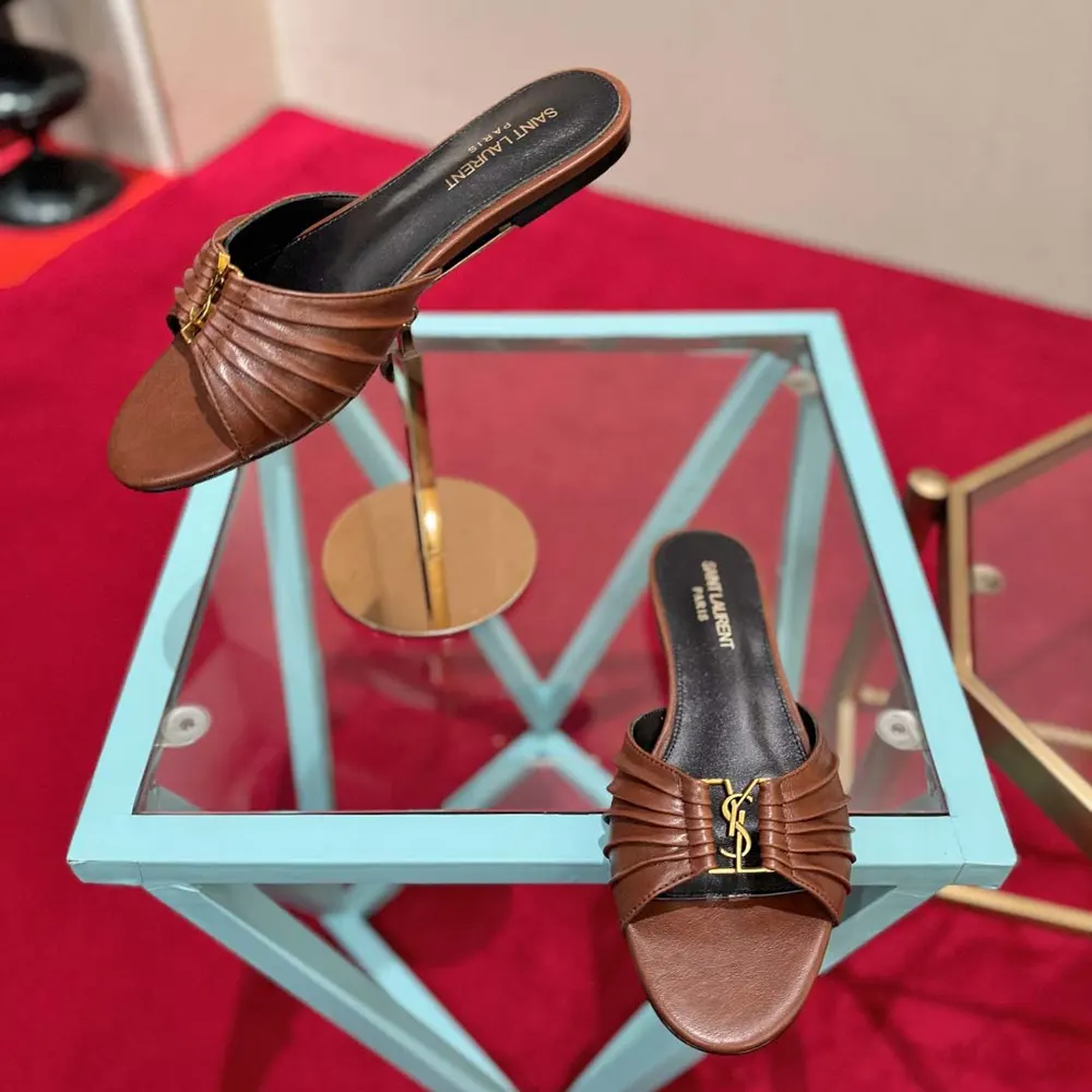 Overhead shot showing cushioned footbed of Saint Laurent YSL Women Babylone Slides