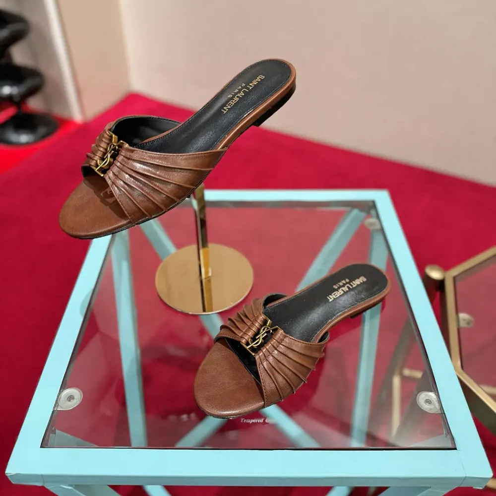 Saint Laurent YSL Women Babylone Slides In Smooth Leather Brown - image 4