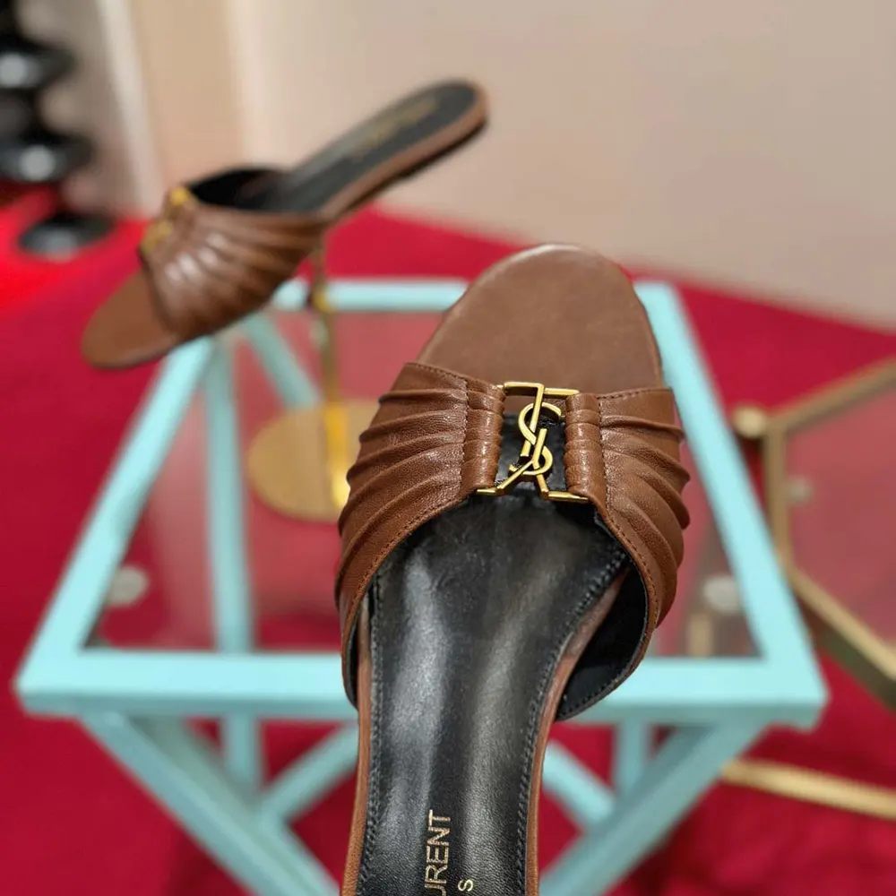 Saint Laurent YSL Women Babylone Slides In Smooth Leather Brown - image 9