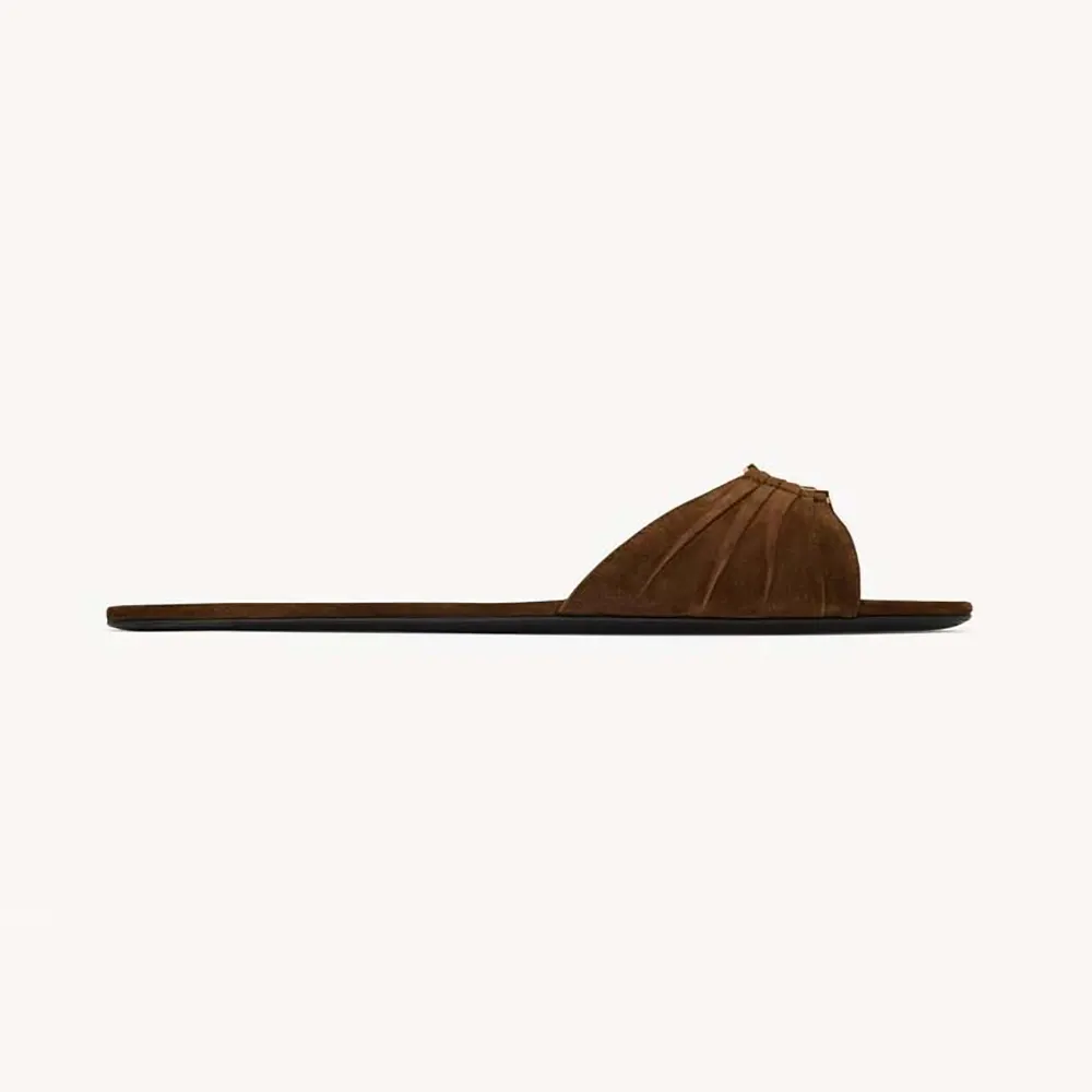 Front angle of Saint Laurent YSL Women Babylone Slides In Suede Dark Brown