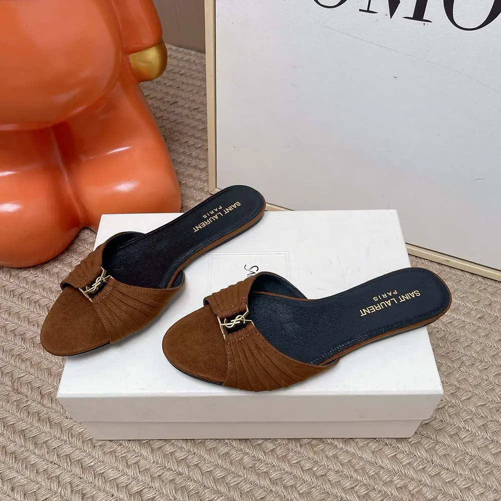 Saint Laurent YSL Women Babylone Slides In Suede Dark Brown - image 4