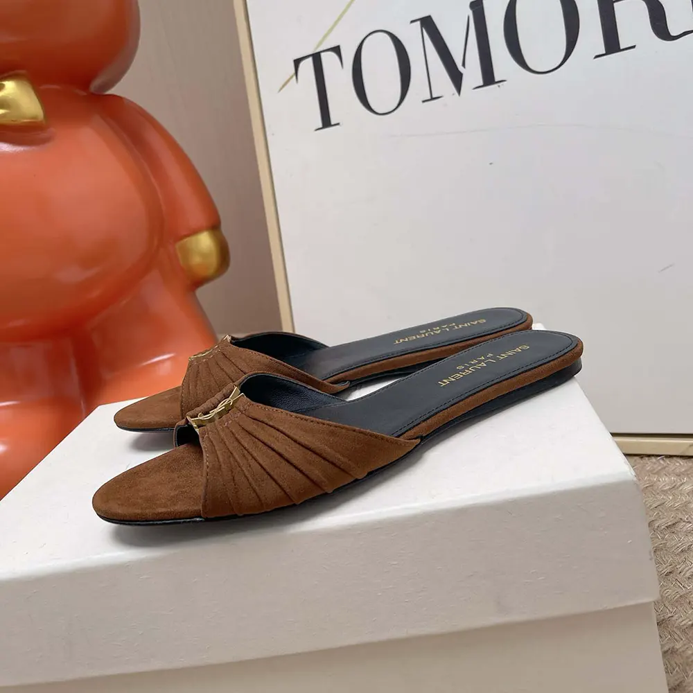 Saint Laurent YSL Women Babylone Slides In Suede Dark Brown - image 6