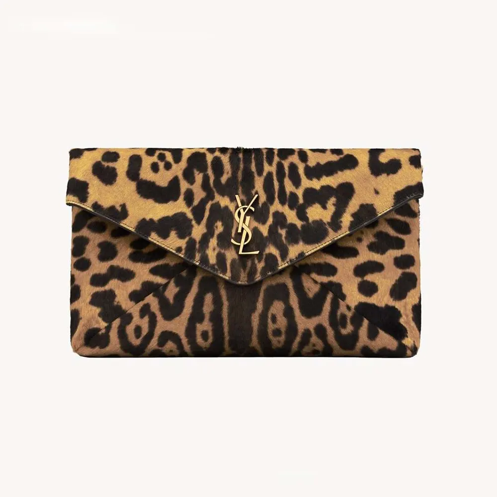 Front view of Saint Laurent YSL Cassandre Large Envelope Pouch in brown pony hair leather